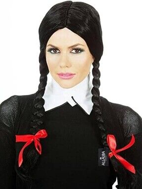 Classic Black Braided Wig with Red Ribbon Accents